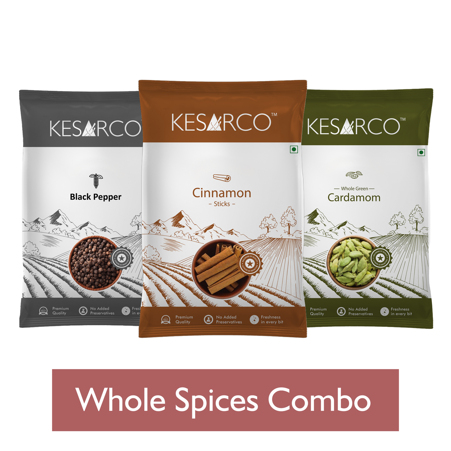 Whole Spices Combo -  Cardamom 40g, Cinnamon 50gm & Black Pepper 50gm